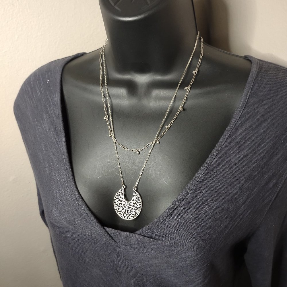 2 Layer Silver Tone Necklace Adjustable 18 To 21 Inches Long